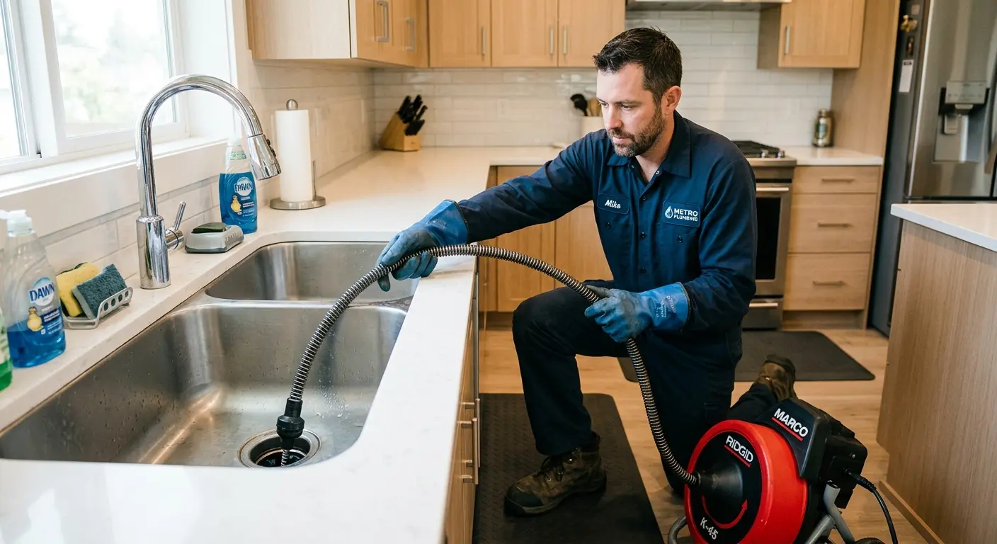 Drain cleaning technician using a motorized snake on a kitchen sink in Pinson