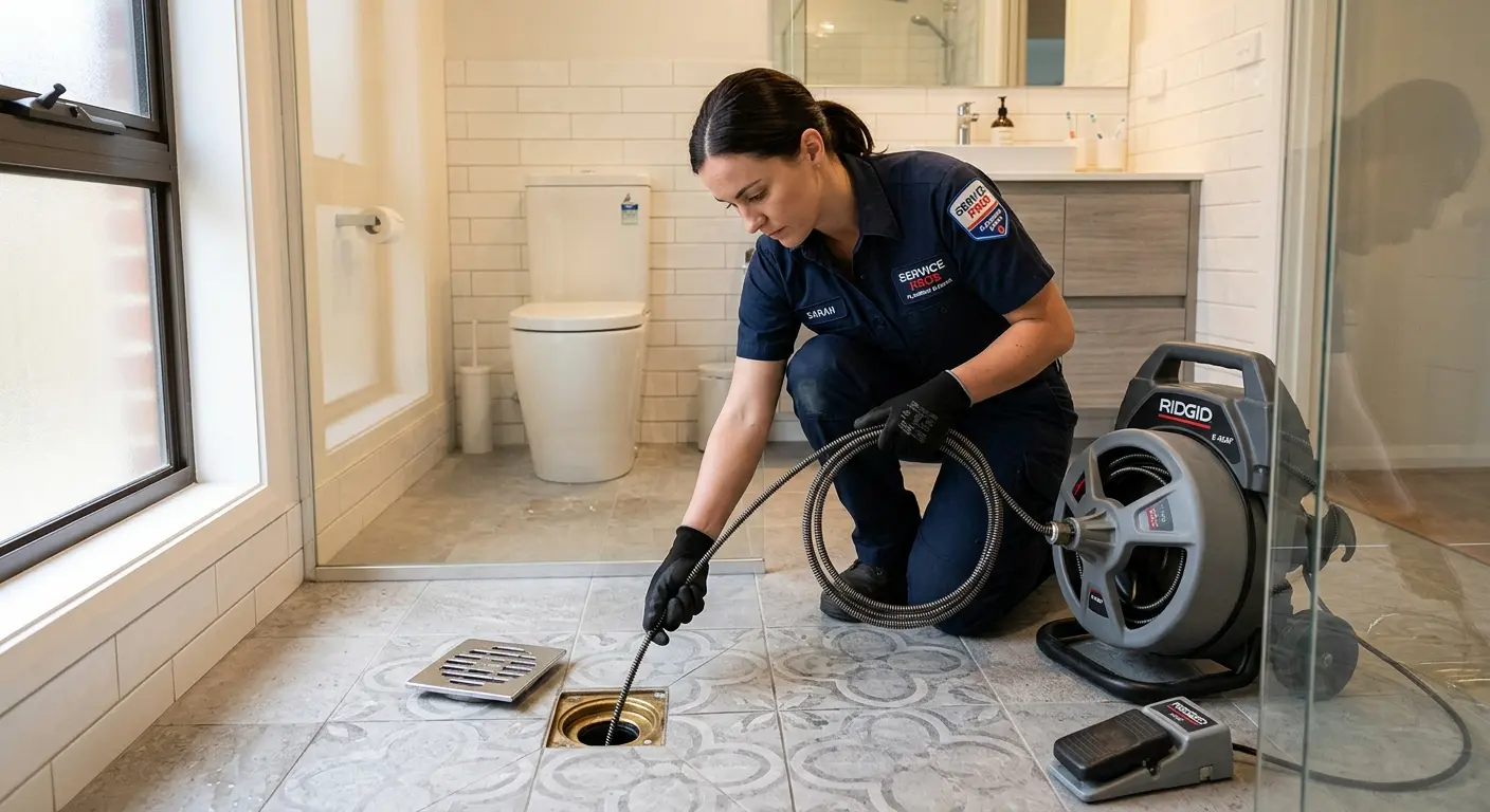 Technician clearing a bathroom floor drain for Sewer Line Replacement in Pinson